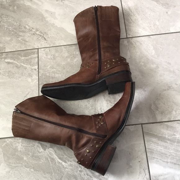 BROWN Leather Studded Strap Mid Calf Boots | Women |  7 - Picture 13 of 16